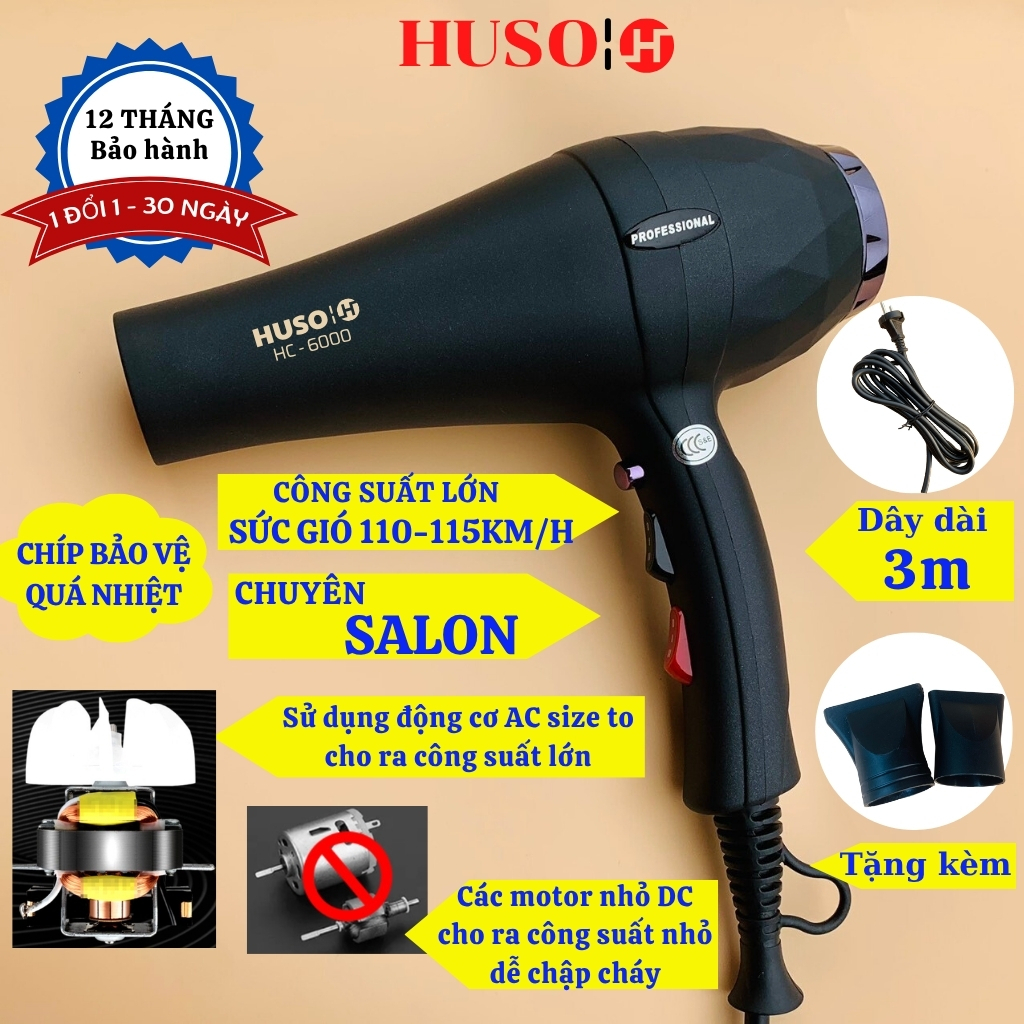 Máy sấy tóc công suất lớn HUSO HC - 6000 tích hợp 2 chế gió 3 chế độ nhiệt tạo kiểu dễ dàng