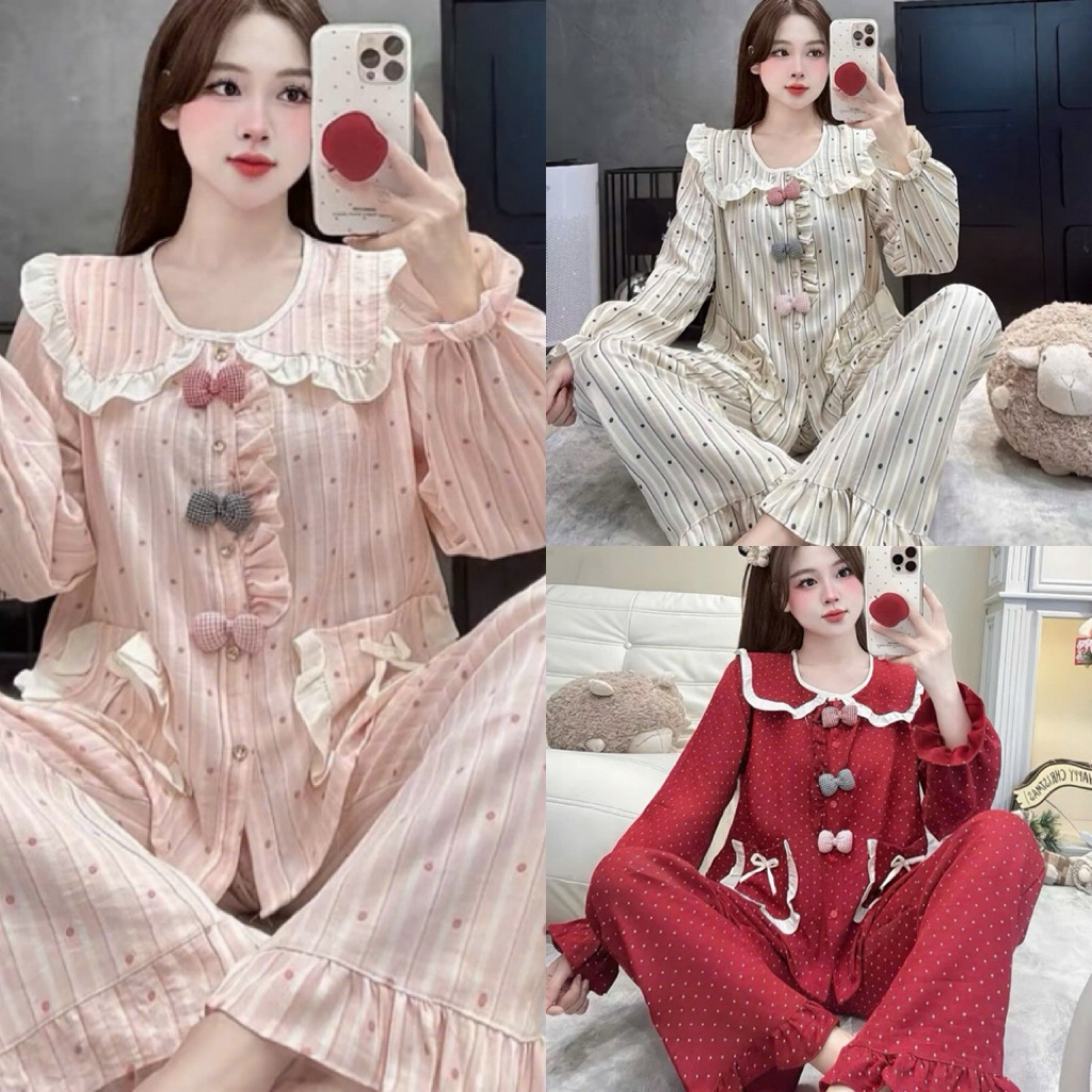 Set Bộ Nữ , Set Bộ Đũi Vân Mây Cổ Sen Đính 3 Nơ Nơ