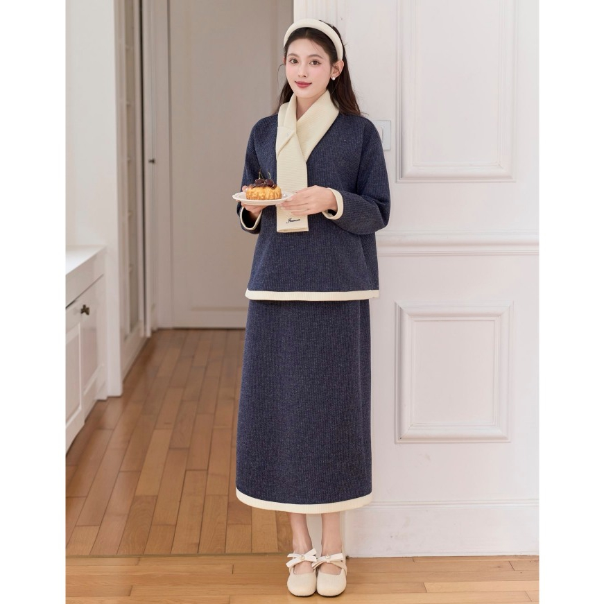 [NEW T1] Set Bộ Bầu Len Achi JOAMOM Hàn Quốc Áo Dáng Dài & Chân Váy (TẶNG KHĂN THÊU) - JTSB186