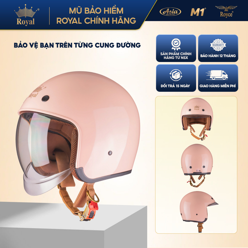 Mũ bảo hiểm 3/4 Royal M139 có kính âm màu hồng bóng cho nam và nữ đi xe máy tại Nón Trùm