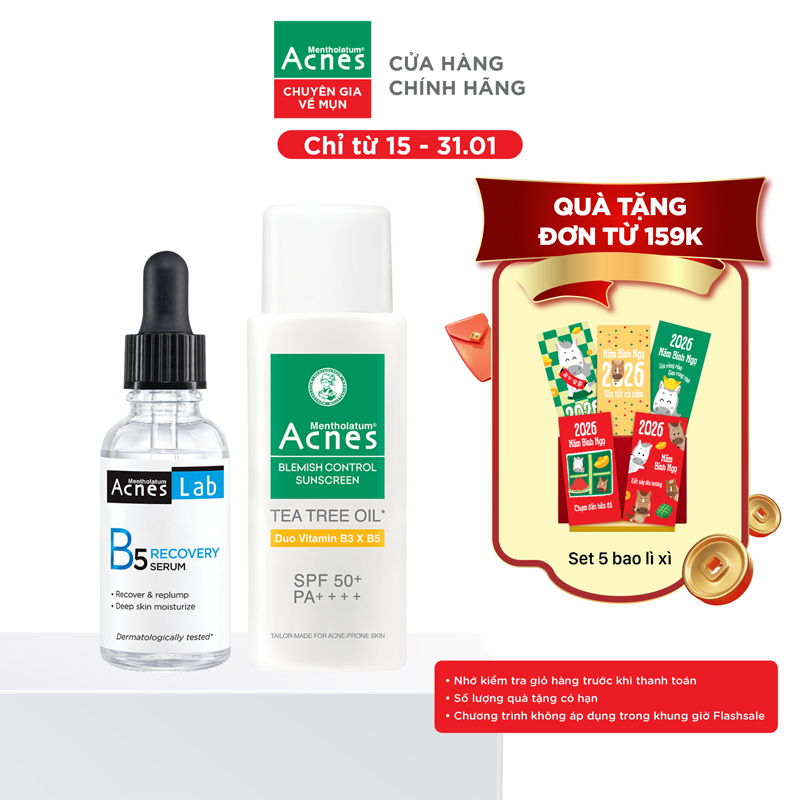 [VB] Combo chăm sóc, phục hồi da cháy nắng tối ưu cho da mụn, da nhạy cảm Acnes (Serum dưỡng B5 25ml