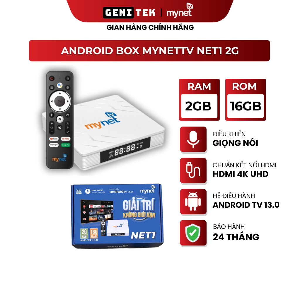 Đầu Android MYTV NET1 2G Android 13 Mới Nhất 2026 - Có Giọng nói, Xem TV, Youtube, Bóng đá