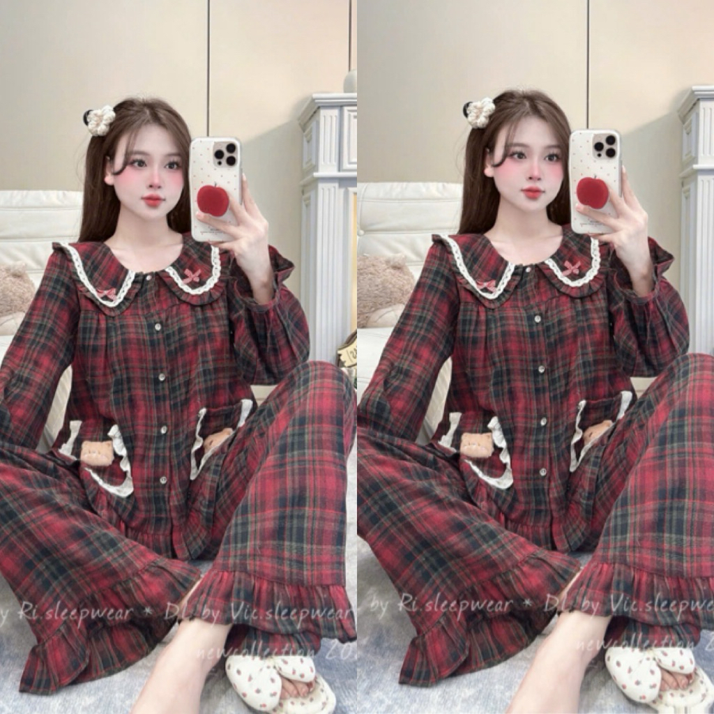 Set Bộ Ngủ Pijama , Set Bộ Ngủ Dạ Kẻ Cổ Mí Viền M99