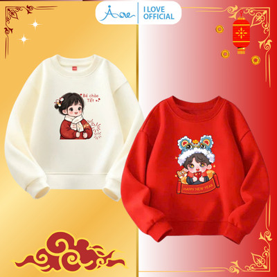 [MỚI] Áo nỉ SWEATER cho bé AORE Tết 2026, Áo nỉ da cá dài tay cổ tròn in hình đáng yêu cho bé trai bé gái đón Tết 9-35kg