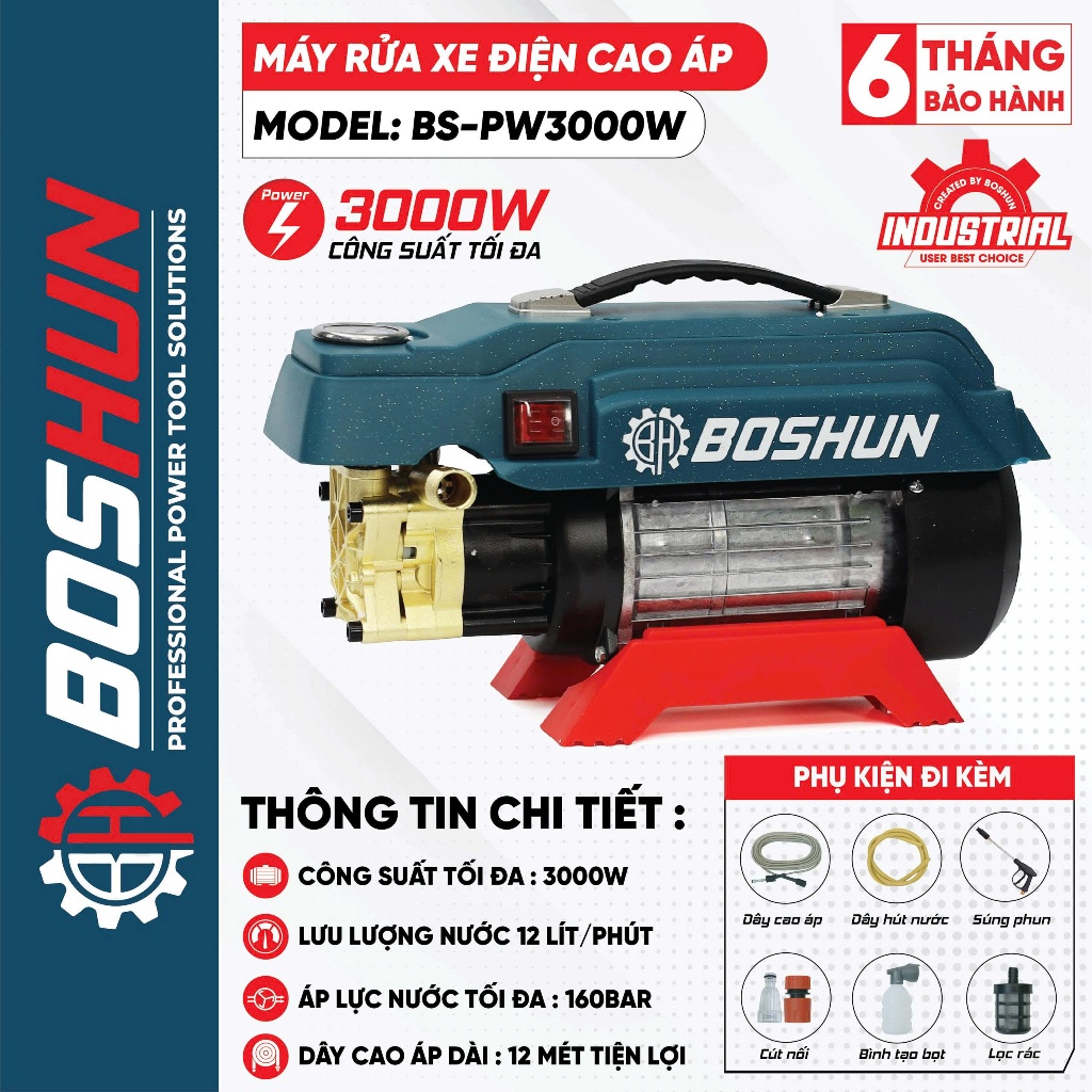 Máy Rửa Xe BOSHUN BS-PW3000W, Công Suất 3000W, Áp lực 160bar - 12 lít/phút - Dây áp lực cao 12m