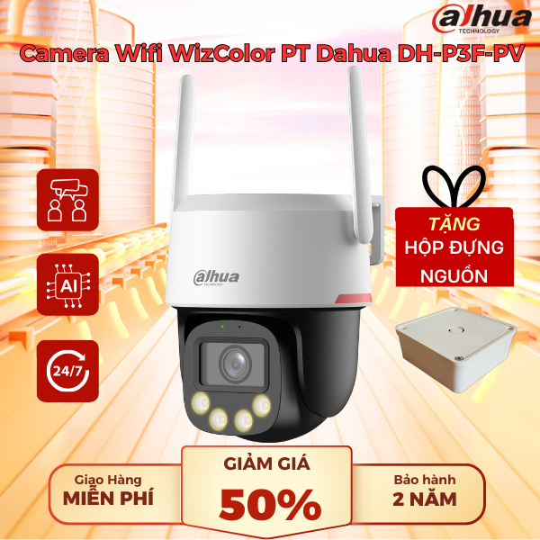 Camera Dahua DH-P3F-PV 3MP WizColor Ngoài trời – Xoay 355°, Nhìn Đêm Màu, Phát Hiện Người, Bảo hành 
