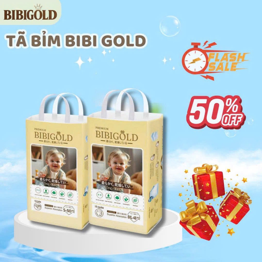 Tã bỉm cao cấp Bibi gold primimum size S đến 8XL, siêu mềm, siêu thấm, thoáng khí dùng cả ngày đêm