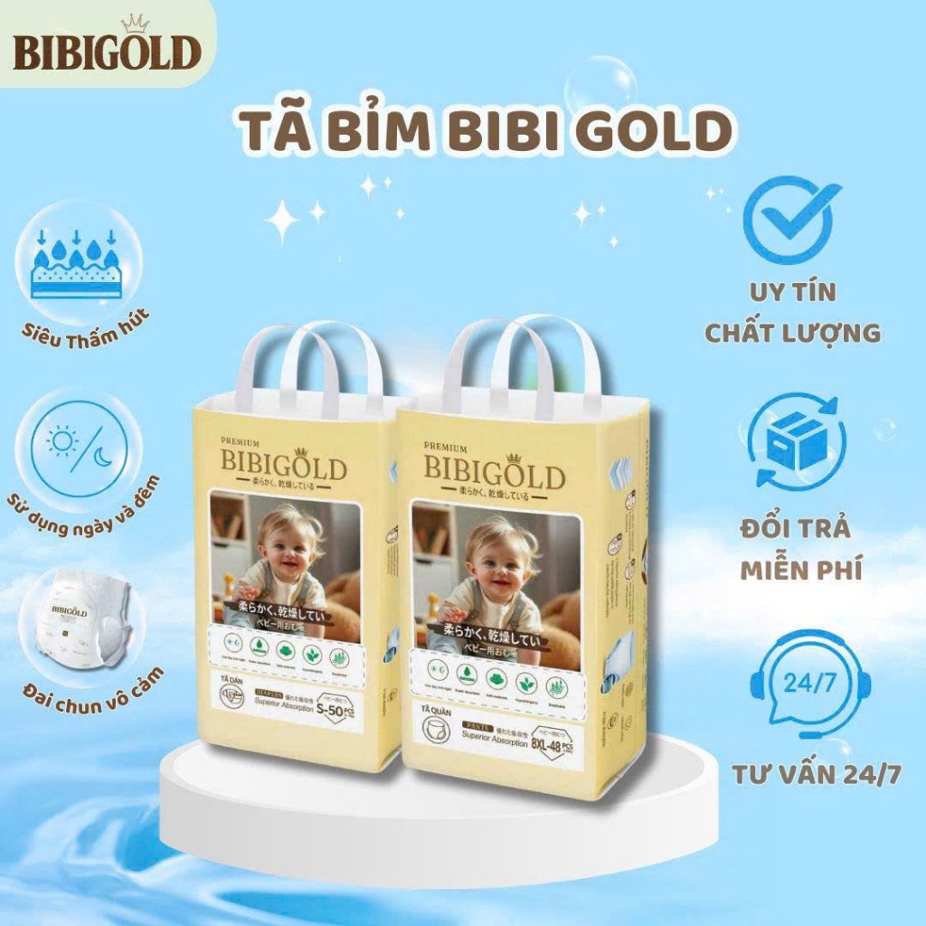 [2 BỊCH] Bỉm BiBi Gold Premium Cao Cấp Cho Bé - Tã Quần Siêu Mềm Mịn, Thấm Hút Tốt | Đủ Size M–8XL