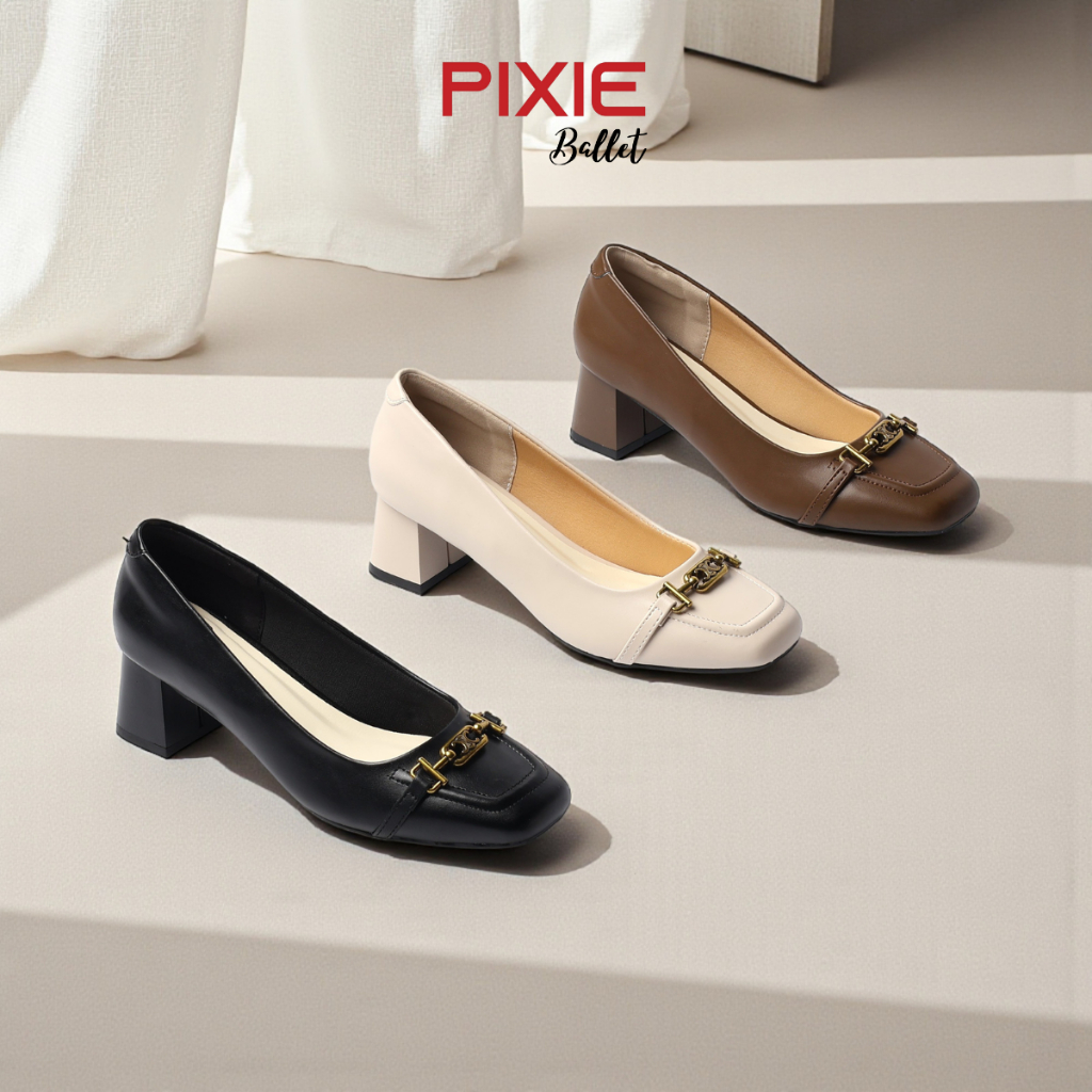 Giày Cao Gót Búp Bê Nữ 5cm Mũi Vuông Gắn Khóa Nhỏ Êm Chân Pixie H436