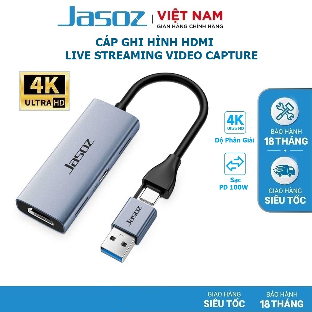 Cáp ghi hình HDMI Live Stream USB Video Capture Card hỗ trợ 4K/PD 100W Chính Hãng JASOZ G190