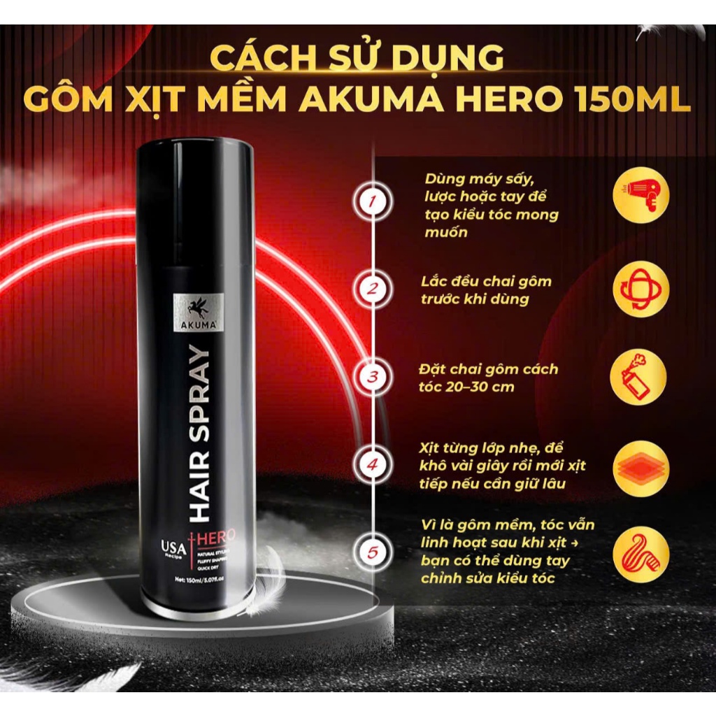 Gôm xịt tóc nam AKUMA HERO tạo phồng giữ nếp không bết không khô tóc 150ml