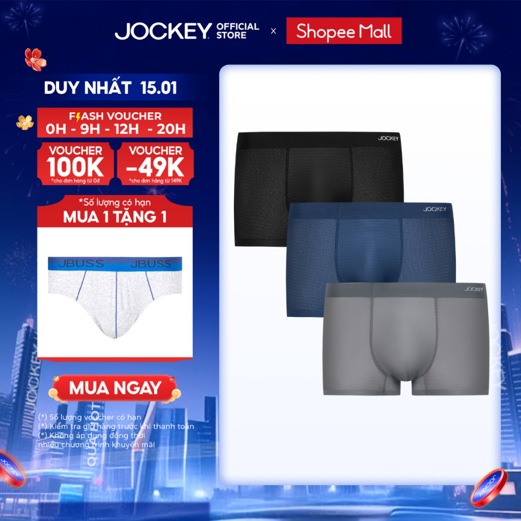 Combo 3 Quần lót Nam Jockey dáng Trunk thoáng khí kháng khuẩn, co giãn 4 chiều, không đường may - J4