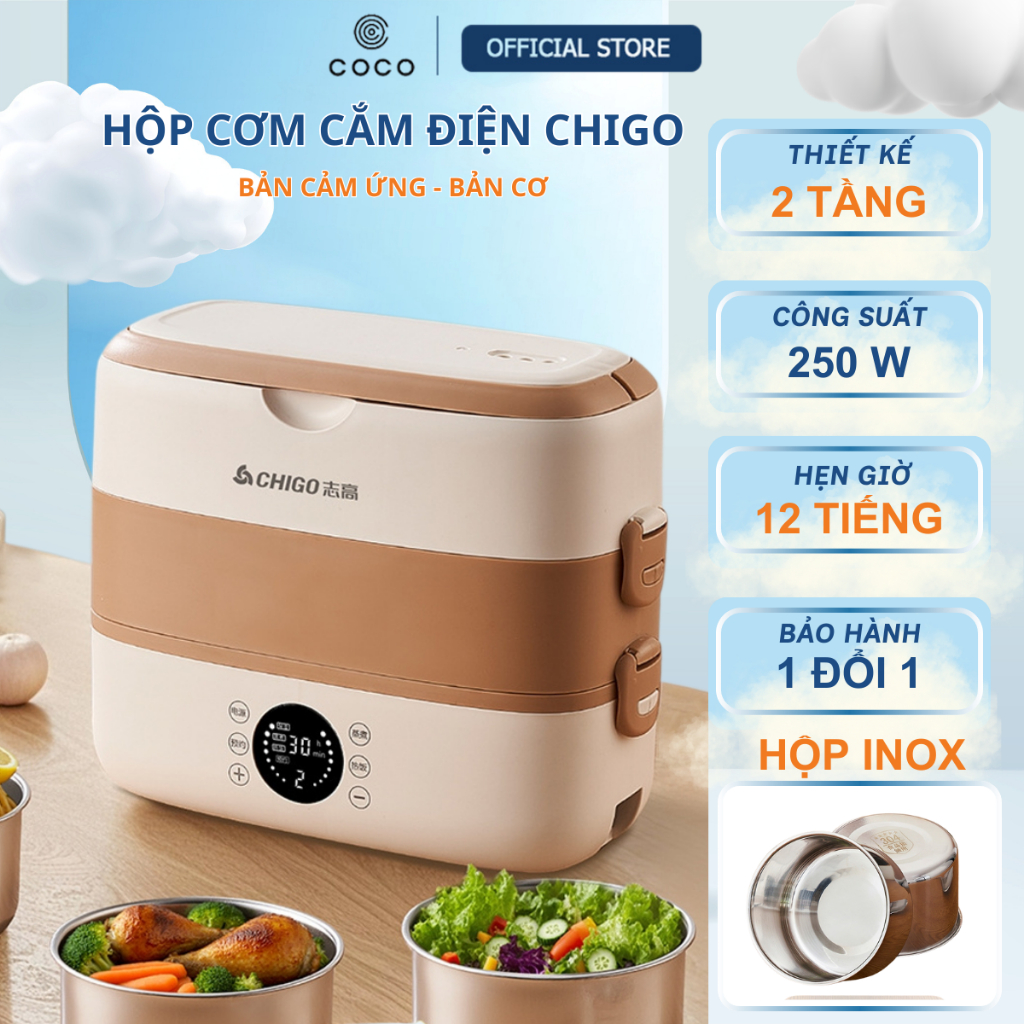 Hộp cơm cắm điện CHIGO 2 tầng – 4 ngăn Phiên bản cảm ứng SFD601, núm cơ SFD303