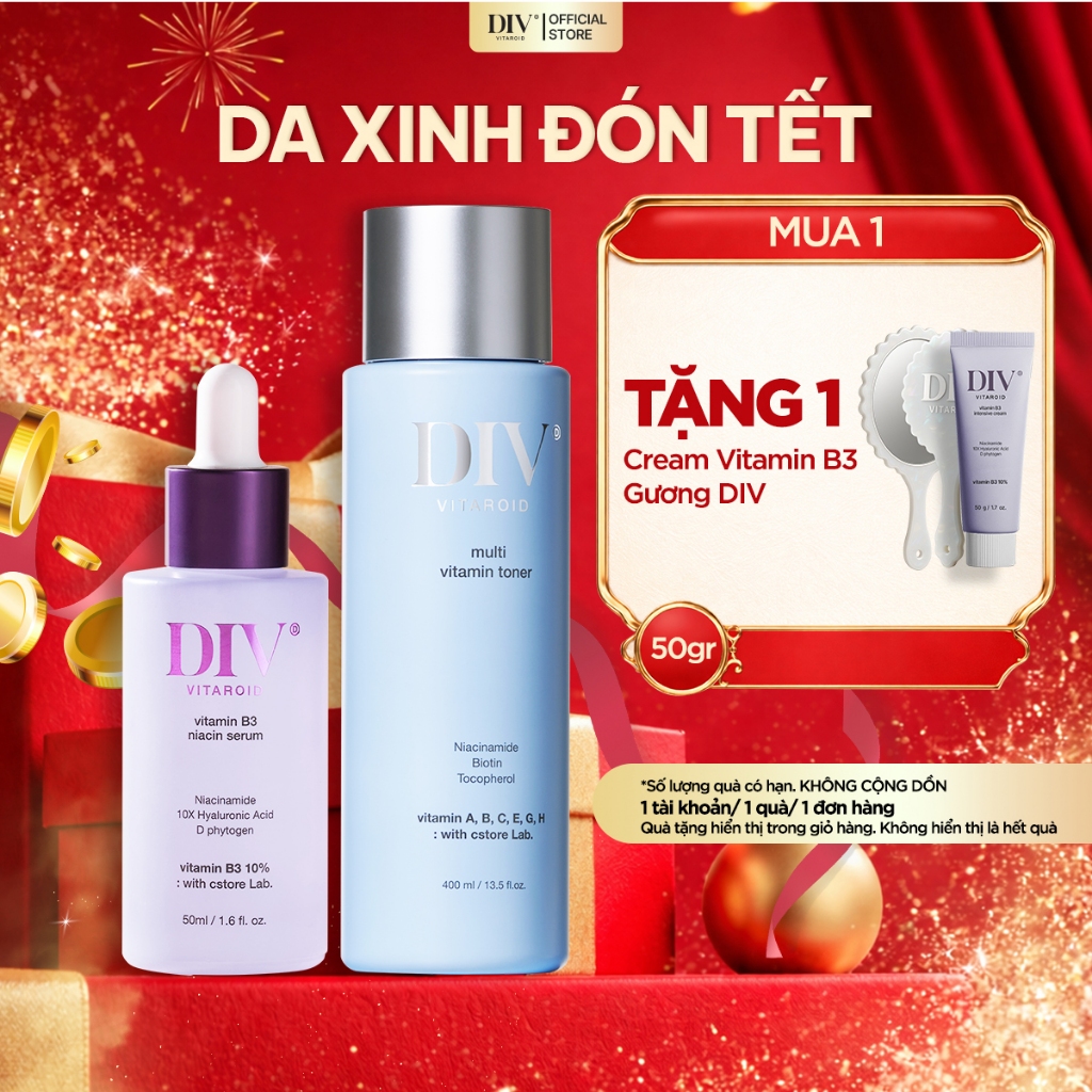 Bộ Đôi Serum Vitamin B3 50ml & Toner Multivitamin 400ml DIV Hỗ Trợ Dưỡng Trắng Và Tăng Cường Hàng Rà