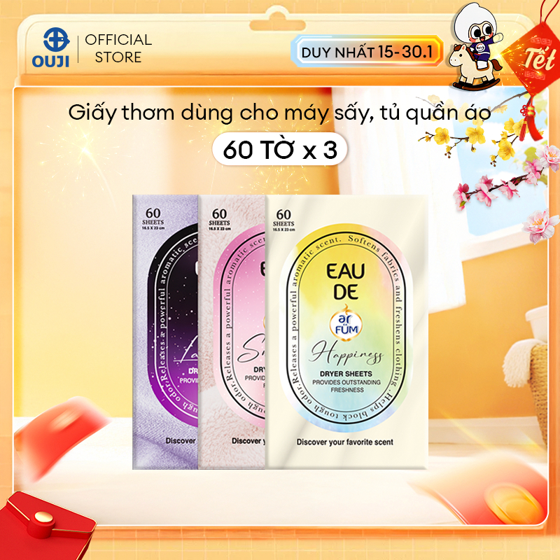 Combo 3 Giấy Thơm Arfum Làm Mềm Vải Và Chống Tĩnh Điện, Khử Mùi Tủ Giày, Tủ Quần Áo (60 Tờ/ Hộp)