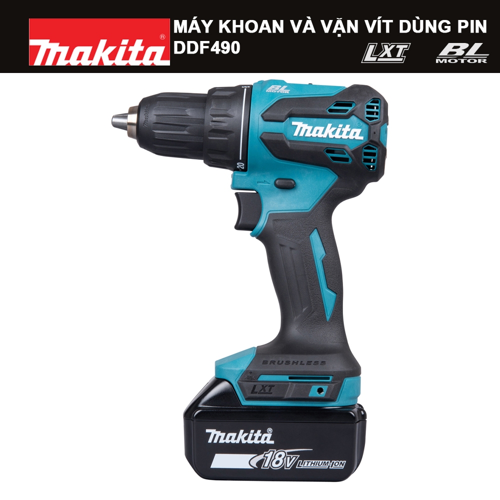 Máy khoan vặn vít dùng pin 18V Makita DDF490 | Không chổi than - Chính hãng Bảo hàng 12 tháng