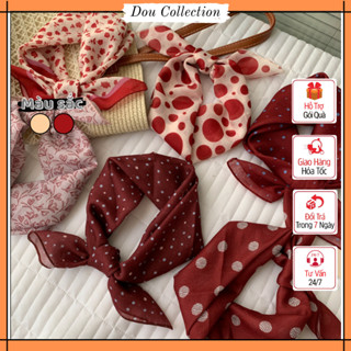 Khăn Lụa Vuông Unisex, Lanh Mềm, Hình Hoa Chấm Bi Vintage Nhiều Mẫu Tone Đỏ Trầm - Dùng Quàng Cổ - Cột Tóc - Mã ST012