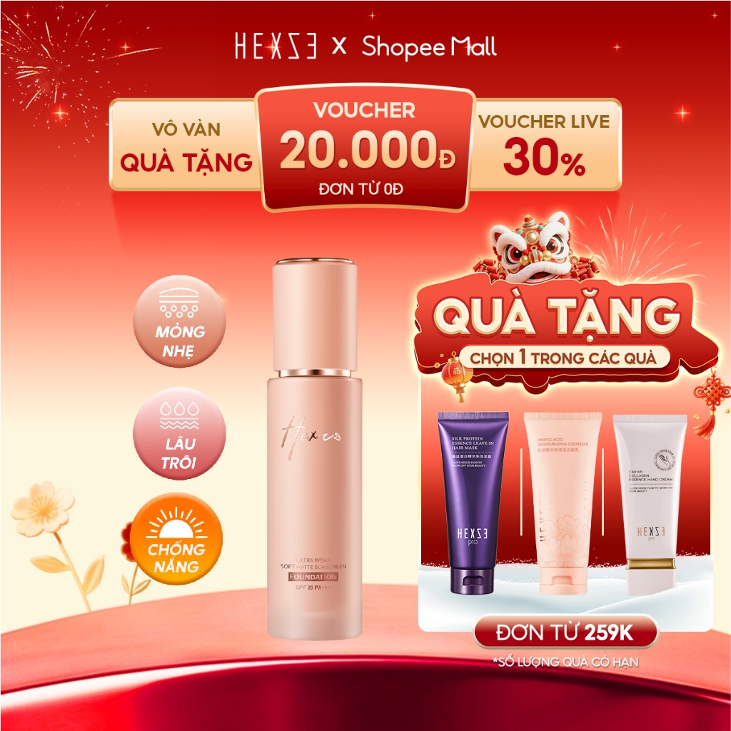 Kem nền lâu trôi HEXZE SPF39 PA+++ 30ml, lớp nền kháng nước mỏng nhẹ nâng tone tự nhiên