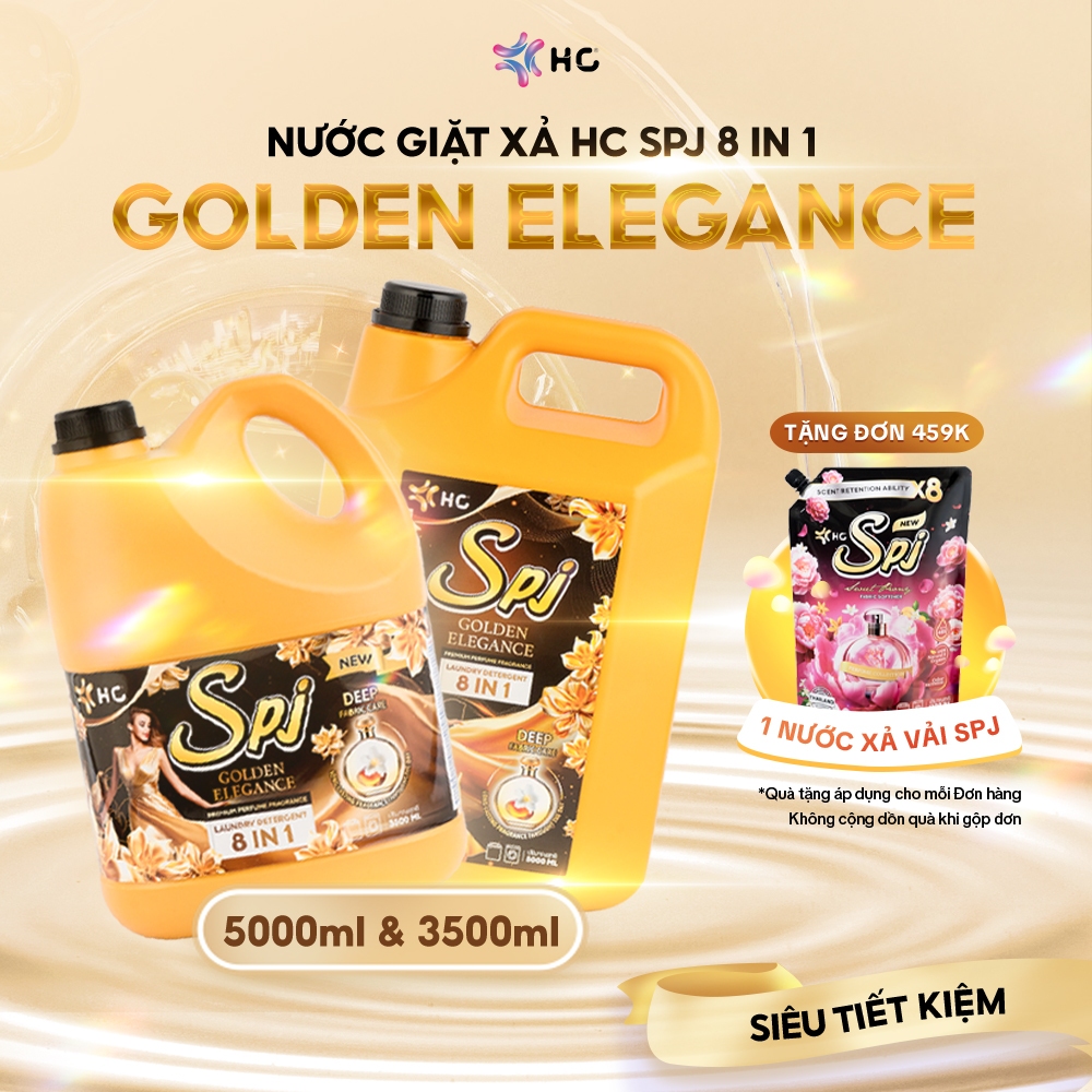 [CAN 5L] Nước Giặt Xả HC SPJ Vàng 8n1 - Bản Mới GOLDEN ELEGANCE, Hương Thơm Thanh Lịch, Làm Sạch Sâu