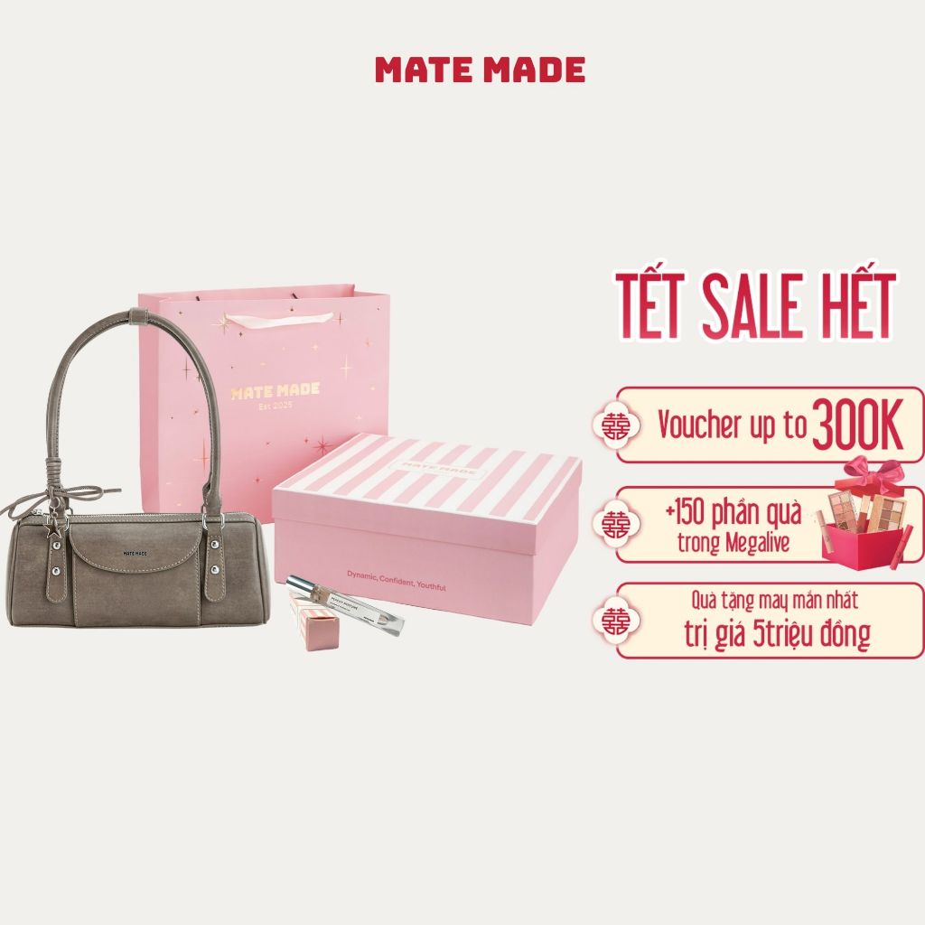 [QUÀ TẶNG] Mate Made Gift Box – Túi Xách Cinnamon + Charm + Nước Hoa Peachy + Hộp Quà Hồng Kẻ Trắng