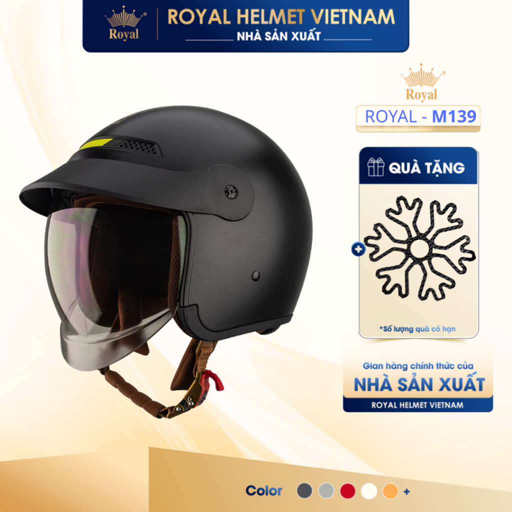 [NHÀ SẢN XUẤT] [ĐEN MỜ] Mũ Bảo Hiểm 3/4 Royal M139 LUXURY Trơn Kính Âm Chính Hãng, Chống Chói, Chống