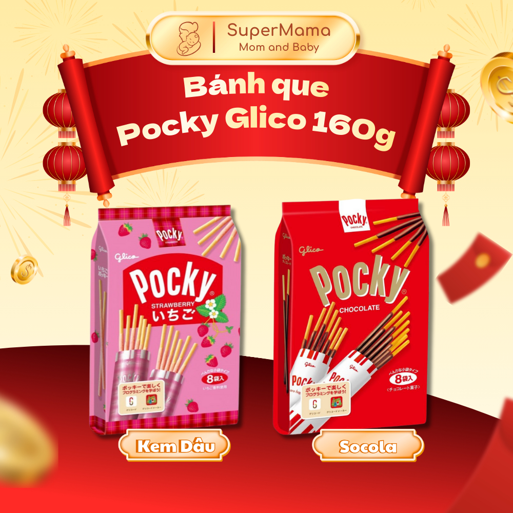 [TẾT 2026] Pocky Glico bánh que Nhật Bản vị Dâu, Sô cô la (13.6g x 8 gói nhỏ)