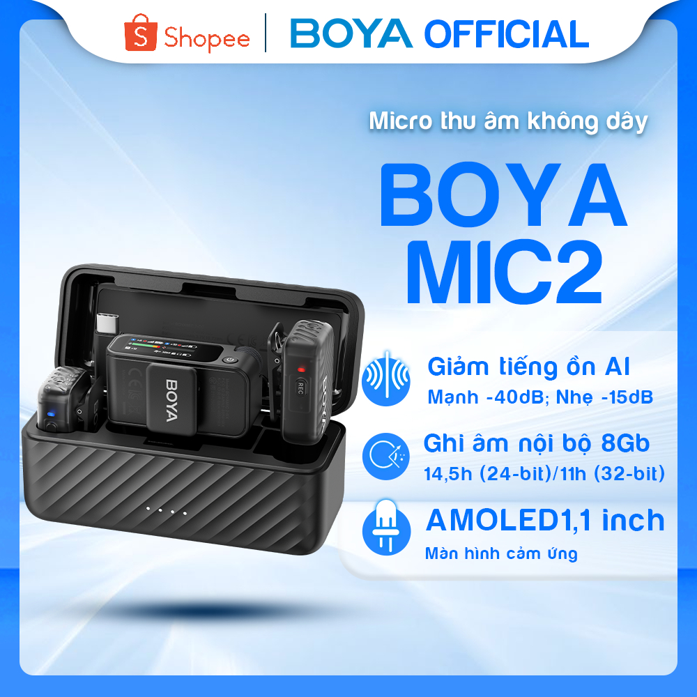 Mic thu âm không dây mini cài áo Boya Mic 2 Micro ve áo chuyên nghiệp để ghi hình Vlog