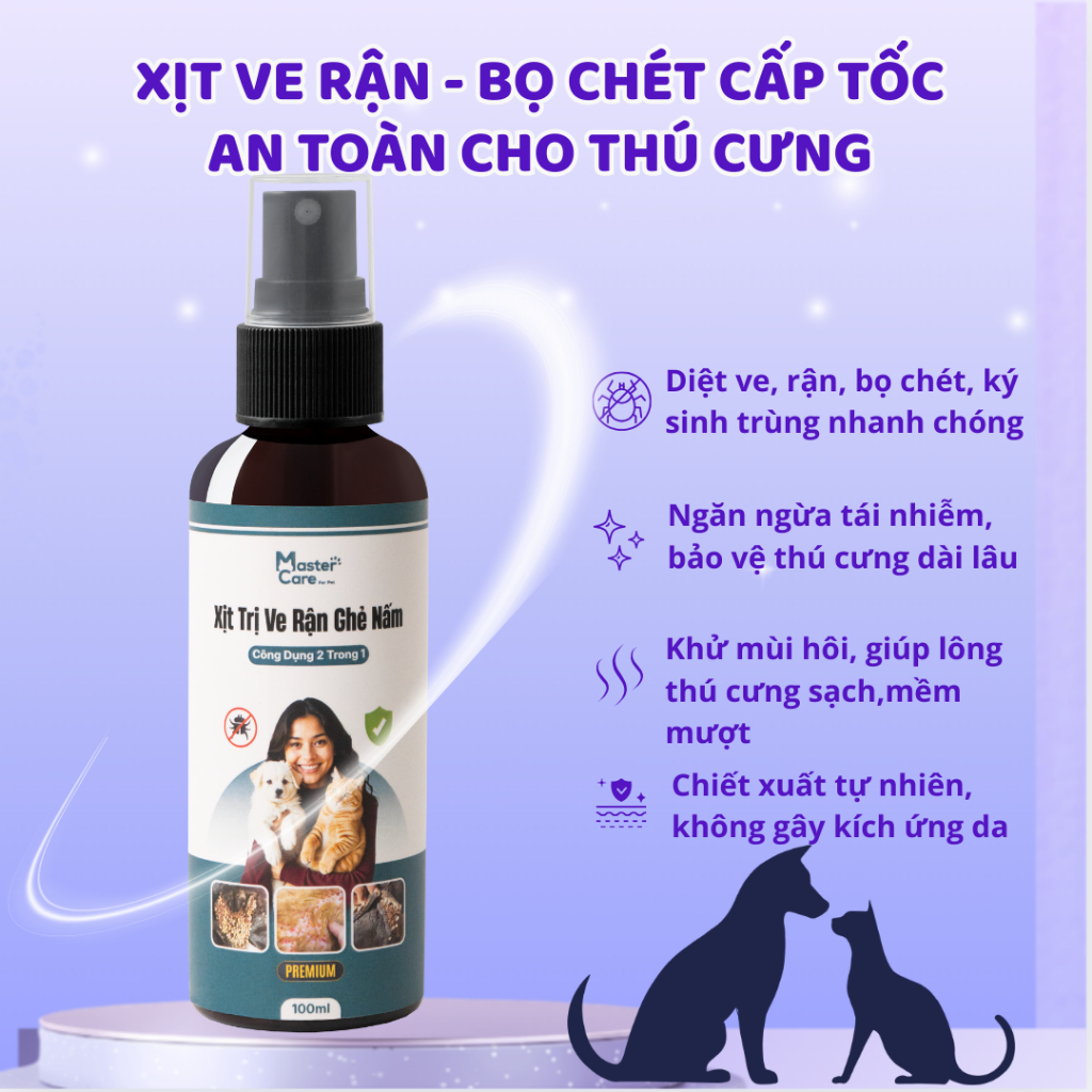 Xịt Ve Rận Cấp Tốc Premium MasterCare – Diệt Sạch Ve Rận Bọ Chét, An Toàn Cho Thú Cưng và Chủ