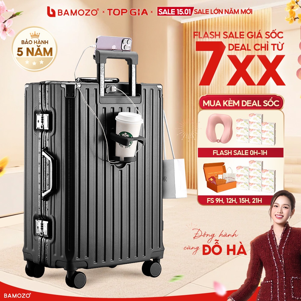 Vali Khung Nhôm Khóa Sập Bamozo Size 20/24/28, Nhựa PC Cao Cấp, Bo 4 Góc Kim Loại Chống Va Đập Cực T