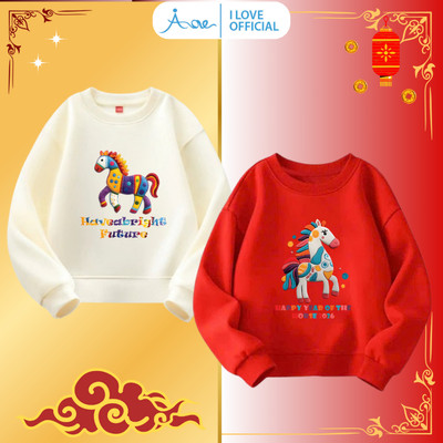 [MỚI] Áo nỉ SWEATER cho bé AORE Tết, Áo nỉ da cá dài tay cổ tròn in hình chú Ngựa Cầu Vồng cho bé trai bé gái 9-35kg