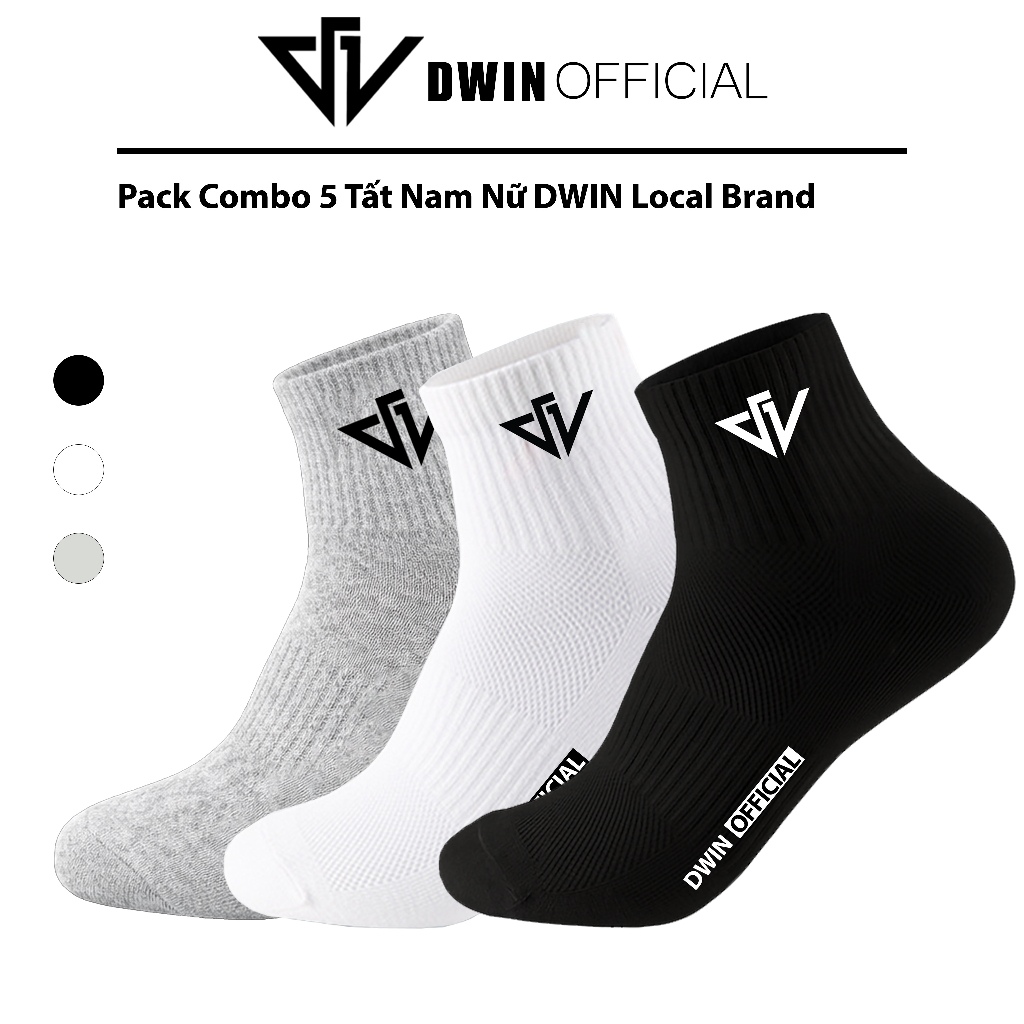 Combo 5 đôi tất nam nữ cổ trung dệt logo DWIN vớ chất co giãn thấm hút tốt thoáng khí khử khuẩn Local Brand TT02A