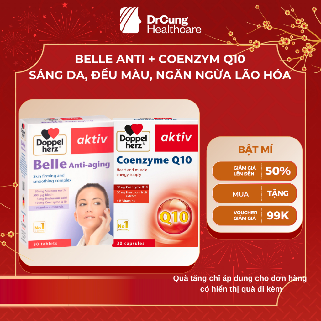 COMBO BELLE ANTI AGING - COENZYM Q10 DOPPELHERZ - Viên Uống Đẹp Da, Chống Lão Hóa, Nám, Tàn Nhang, C