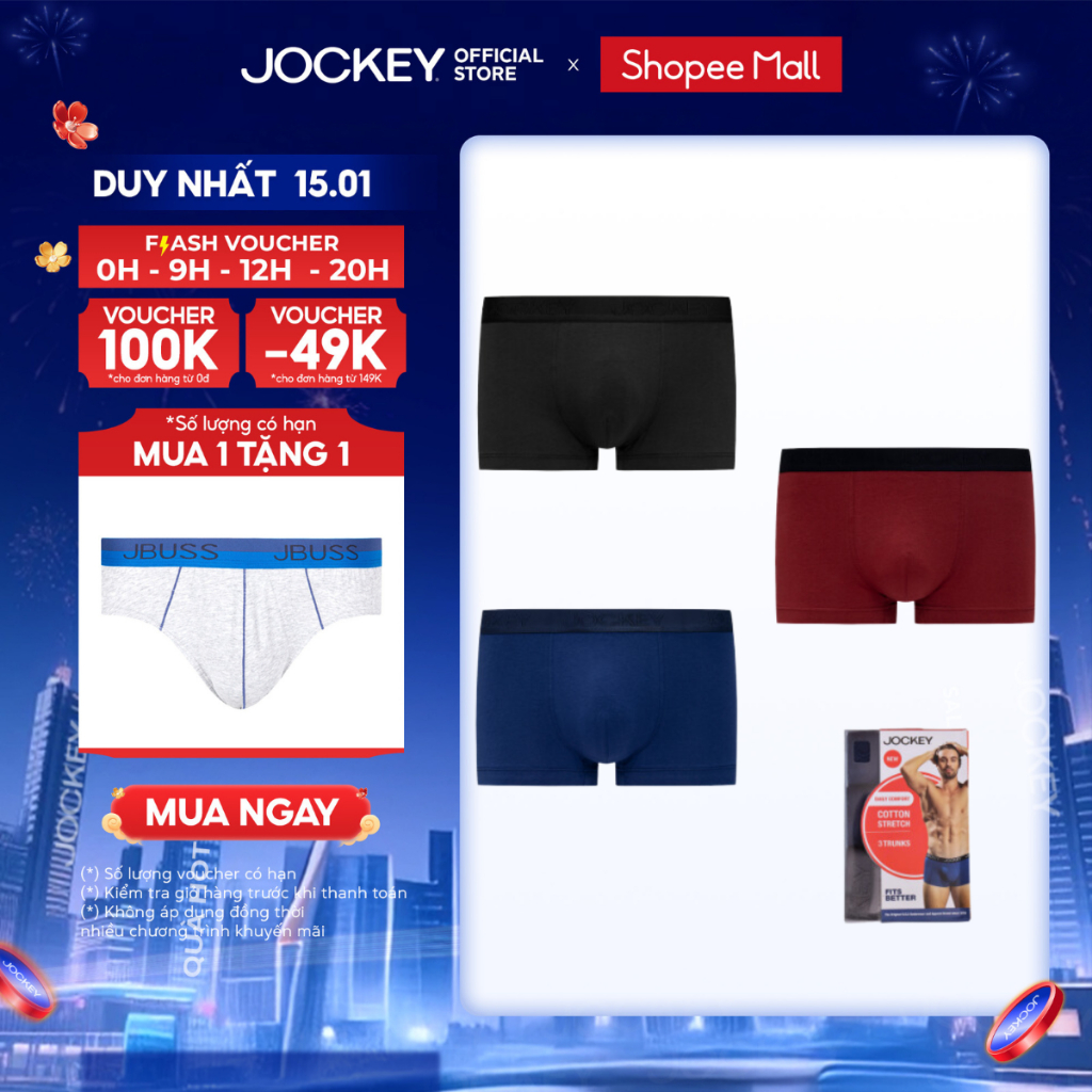 [XẢ KHO] Combo 3 Quần lót Nam Jockey Cotton 4 chiều dáng trunk - J4014