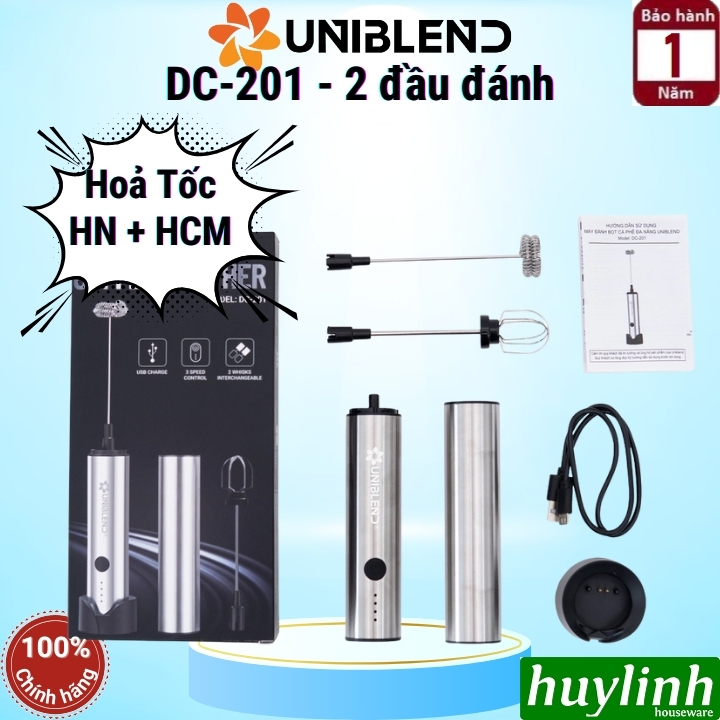 (Hoả Tốc HN HCM) Máy đánh tạo bọt cà phê Uniblend DC-201 dùng pin sạc - 3 tốc độ đánh - Bảo hành 12 