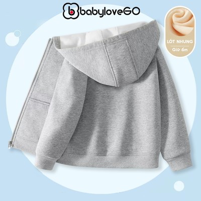 Áo khoác nỉ lót lông cho bé trai BabyloveGO 2026 áo nỉ ấm mùa đồng có mũ và khóa kéo tiện lợi cho bé AKN04