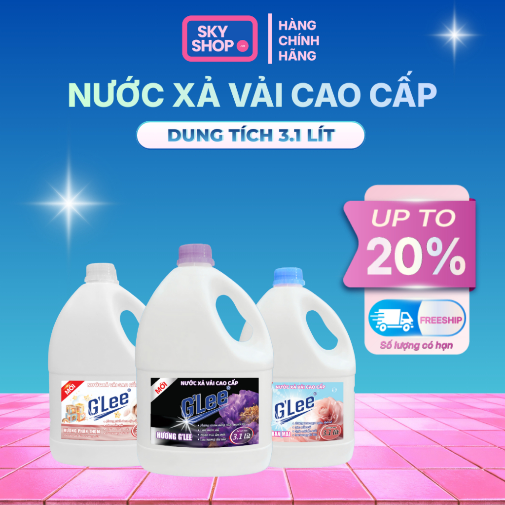 Nước Xả Vải GLee Cao Cấp Can 3,1L Mềm Vải, Lưu Hương Lâu, Bền Màu, Hương Ban Mai, Phấn Thơm, GLee