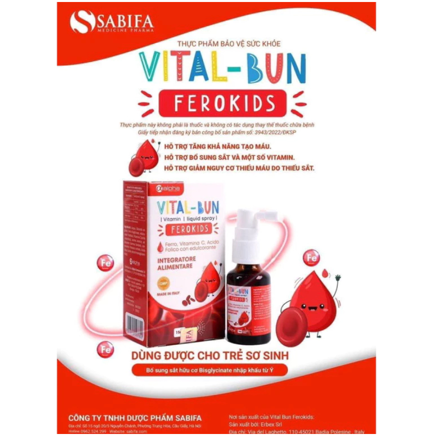 Vital -Bun - Sắt xịt dẻo kids bổ sung sắt cho trẻ sơ sinh và trẻ nhỏ . giảm tỉ lệ thiếu máu ở trẻ, t