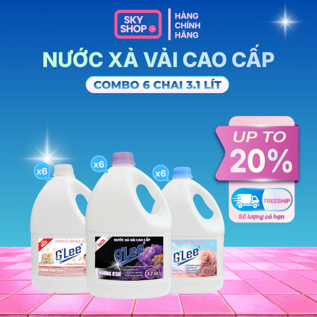 Thùng 6 Can Nước Xả Vải GLee Cao Cấp 3.1L, Mềm Vải, Thơm Lâu, Bền Màu hương Ban Mai, Phấn Thơm, GLee