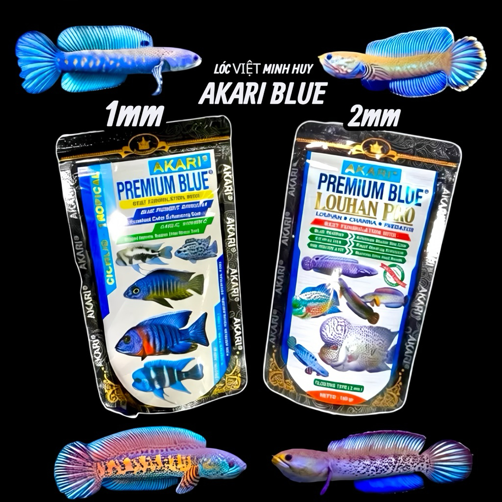 Cám Akari Blue  Nhập khẩu indonesia Hạt 1mm -Hạt 2mm -Hỗ Trợ Sắc Tố màu Cho tất cả cá Lóc Lạnh