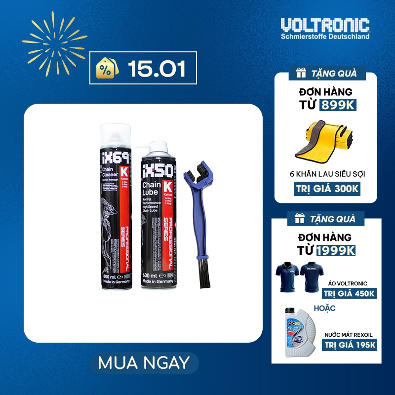 Combo vệ sinh- bảo dưỡng sên nhập khẩu Đức VOLTRONIC Ix69+Ix50 (M50 ceramic) + Bàn chải phiên bản Ju