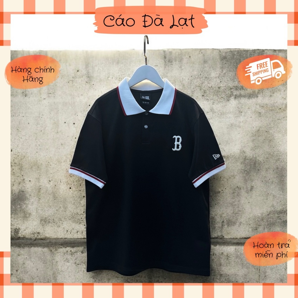 [CHÍNH HÃNG] Áo Polo New Era x MLB Boston Đen Cổ Trắng Tay Bo Viền Đỏ Logo Thêu Trơn 15488926 | Cáo 