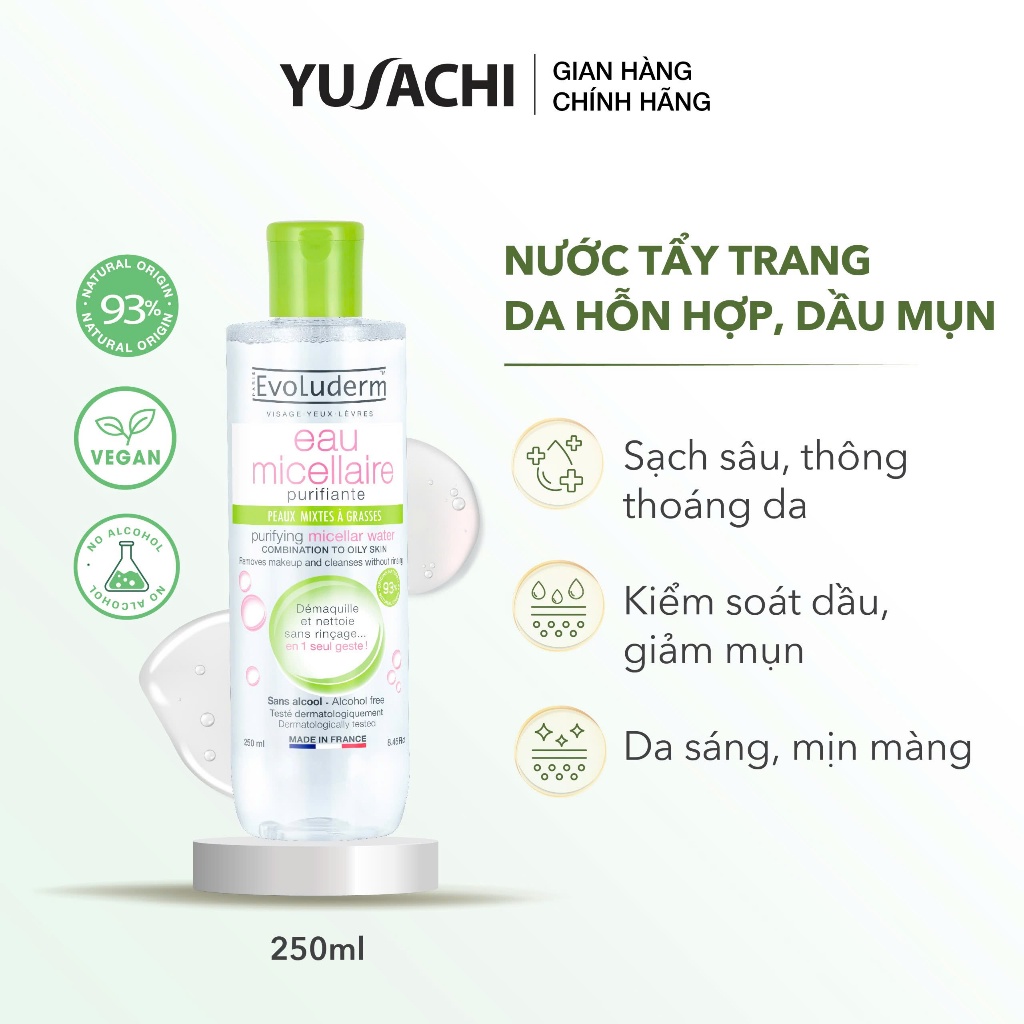 [Evoluderm] COMBO 02 Nước tẩy trang EVOLUDERM MICELLAR CLEANSING WATER COMBINATION TO OILY SKINS 250ml x2