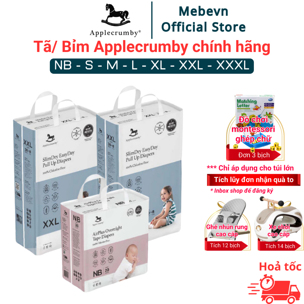 Bỉm Applecrumby chính hãng Slim + Overnight cao cấp, bỉm ngựa Applecrumby siêu khô thoáng đủ size