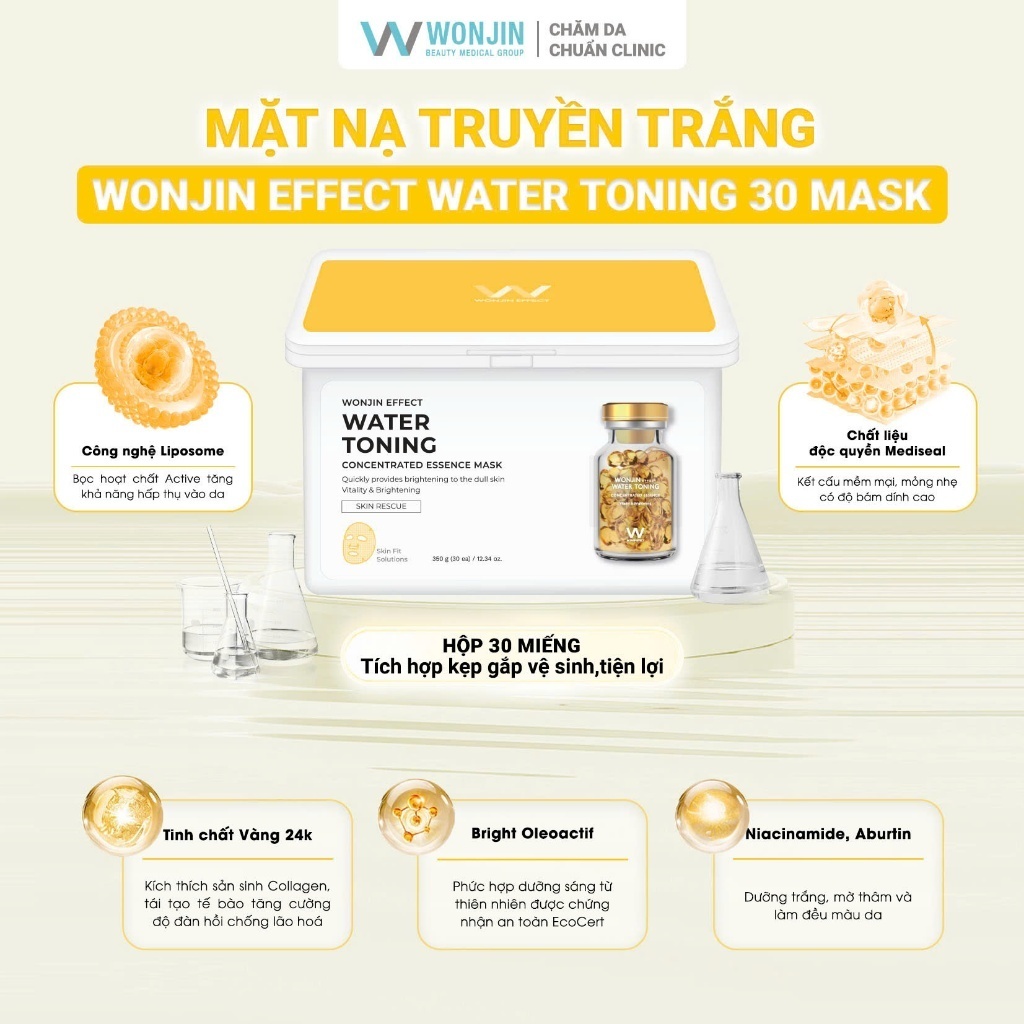 Mặt Nạ Wonjin Hộp 30 miếng Vàng Mask Wonjin Effect Water Toning Dưỡng Trắng Sáng Rực Rỡ