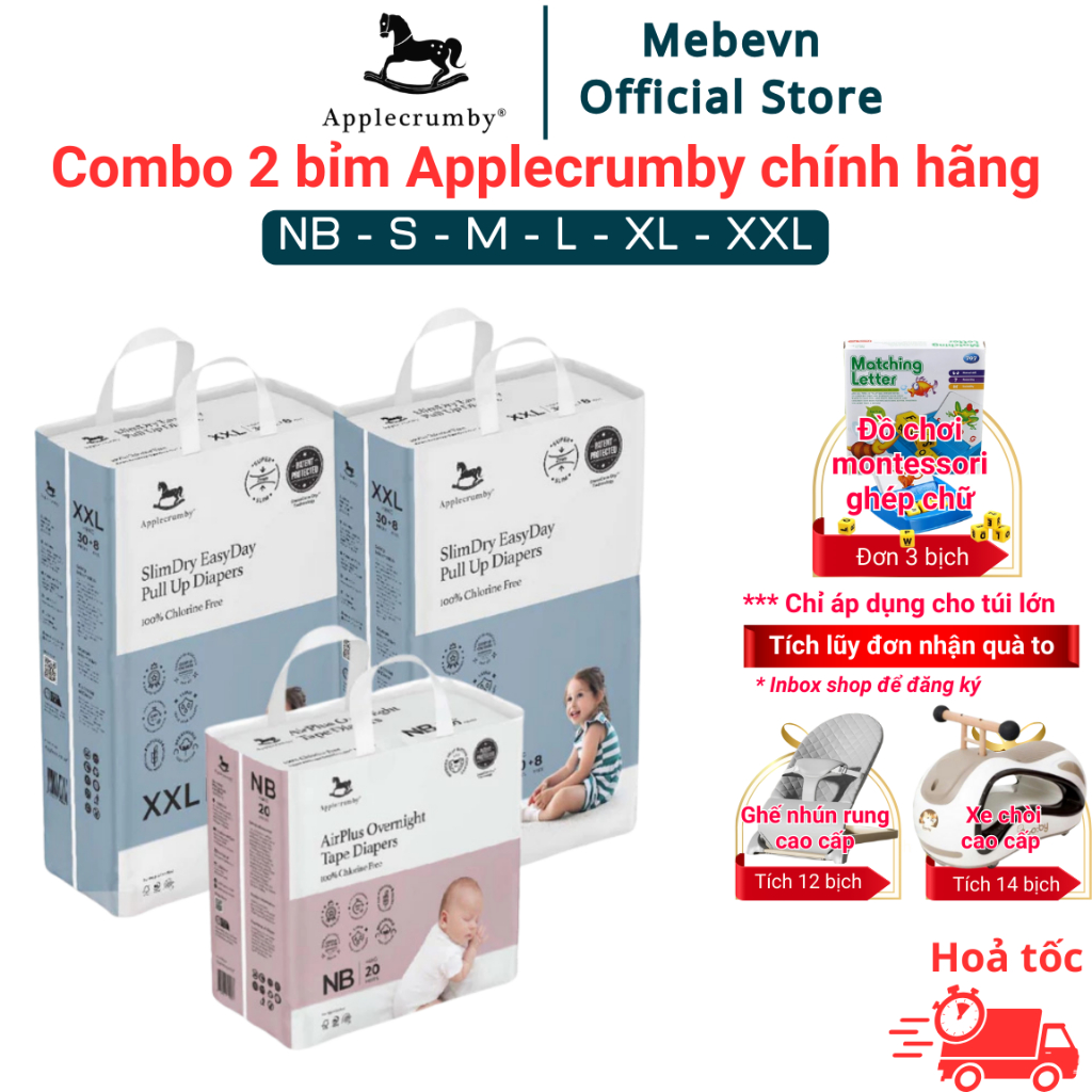 Combo 2 bỉm Applecrumby Slim + Overnight, bỉm đêm Applecrumby Overnight đủ size NB/S/M/L/XL/XXL