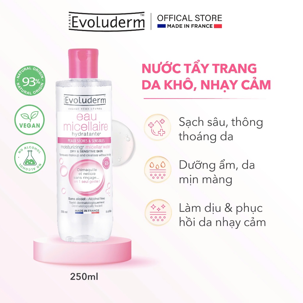 [Evoluderm] COMBO 02 Nước tẩy trang EVOLUDERM MICELLAR CLEANSING WATER DRY AND SENSITIVE SKIN 250ml x2