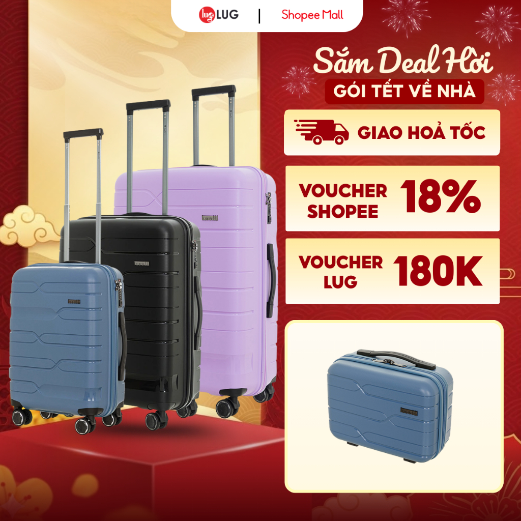Combo 3 Vali Du Lịch LUG Lusetti LS802: Size 20 & Size 24 & Size 28,Nhựa PP Chống Bể Vỡ, Khóa Số TSA