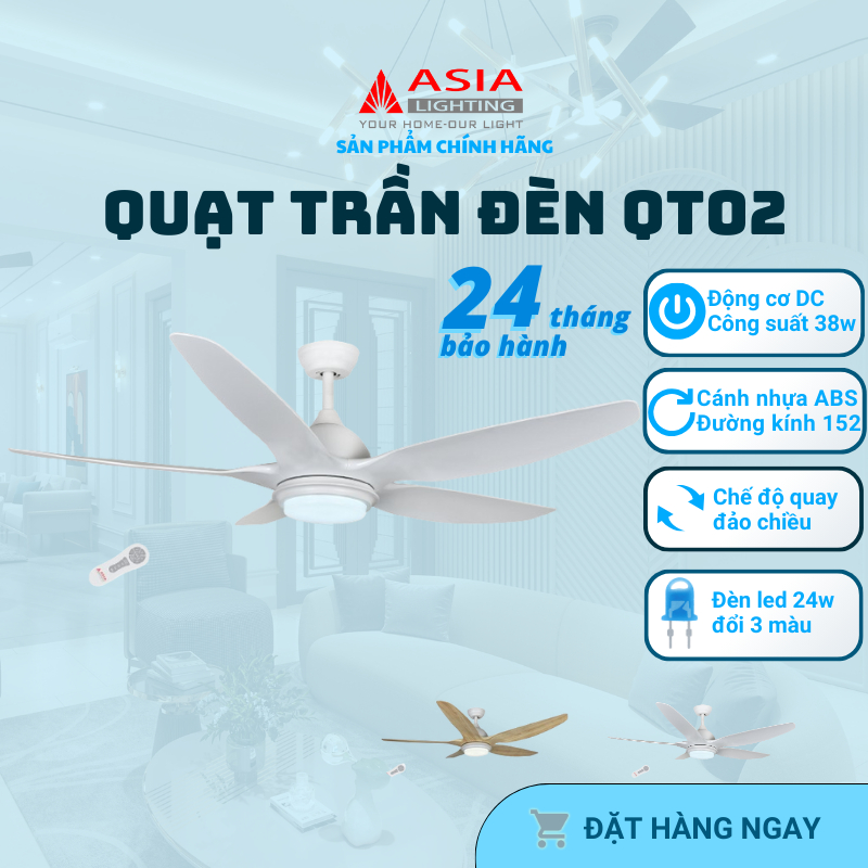 Quạt Trần Đèn ASIA LIGHTING QT03 38W, Đèn Led 24W với 03 Màu Ánh Sáng, Sải Cánh 1524, 5 Cánh Nhựa AB