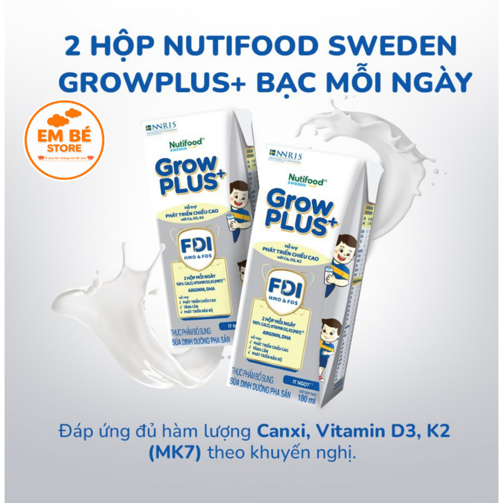 Lốc 4 hộp 110ml/ 180ml Sữa bột pha sẵn Nutifood Grow Plus+ Bạc ít ngọt hương vani