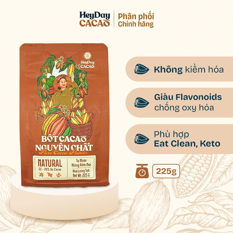 Túi zip 225g - Bột cacao nguyên chất 100% Heyday - Dòng Natural thuần tự nhiên, không kiềm hoá